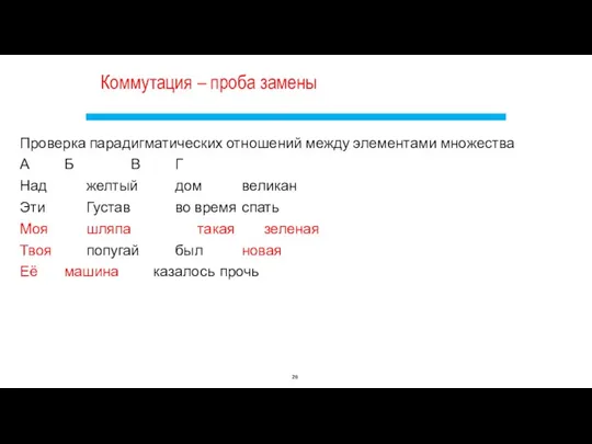 Коммутация – проба замены Проверка парадигматических отношений между элементами множества