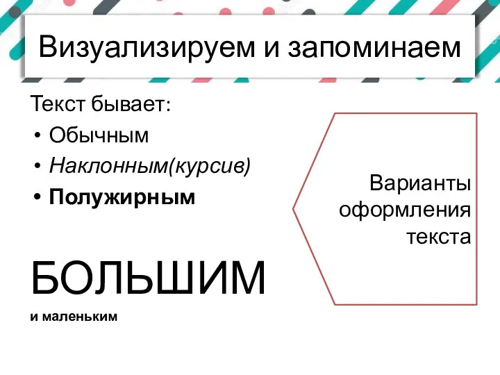 Визуализируем и запоминаем Текст бывает: Обычным Наклонным(курсив) Полужирным БОЛЬШИМ и маленьким Варианты оформления текста