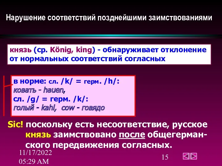 11/17/2022 05:29 AM Нарушение соответствий позднейшими заимствованиями князь (ср. König, king) - обнаруживает