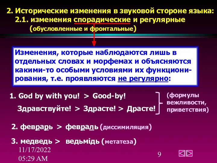 11/17/2022 05:29 AM 2. Исторические изменения в звуковой стороне языка: 2.1. изменения спорадические