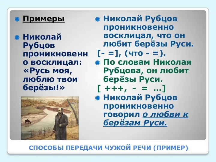 СПОСОБЫ ПЕРЕДАЧИ ЧУЖОЙ РЕЧИ (ПРИМЕР) Примеры Николай Рубцов проникновенно восклицал: