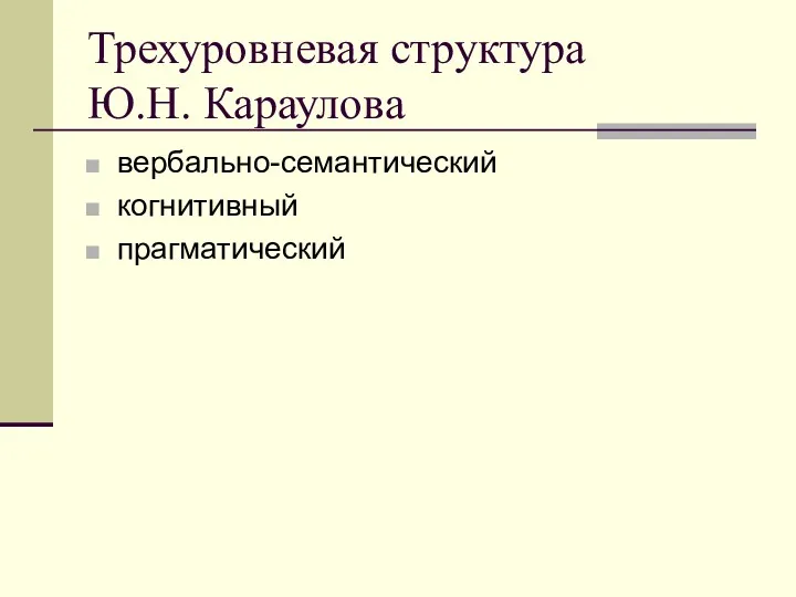 Трехуровневая структура Ю.Н. Караулова вербально-семантический когнитивный прагматический