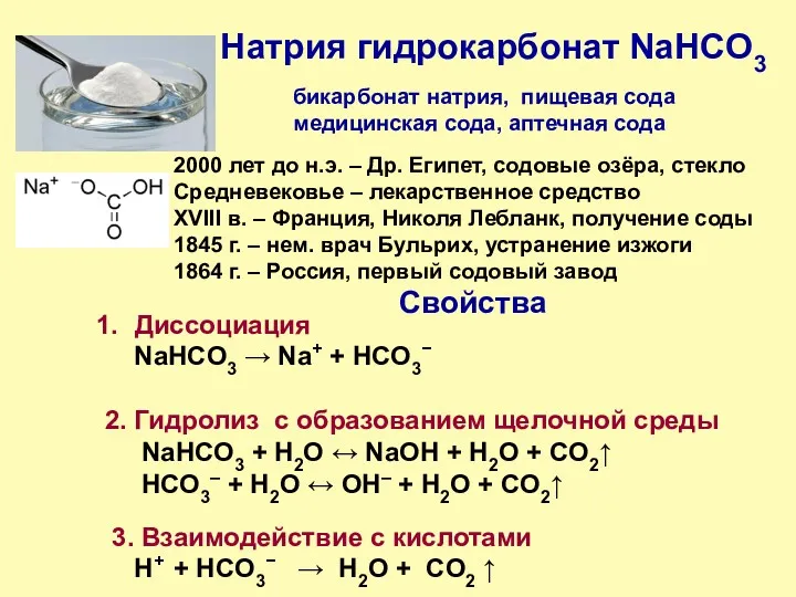 Натрия гидрокарбонат NaHCO3 2000 лет до н.э. – Др. Египет,