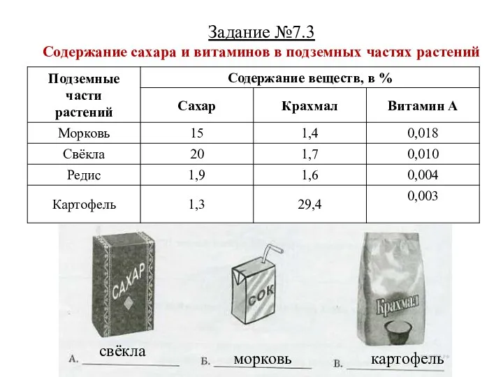 Задание №7.3 Содержание сахара и витаминов в подземных частях растений свёкла картофель морковь