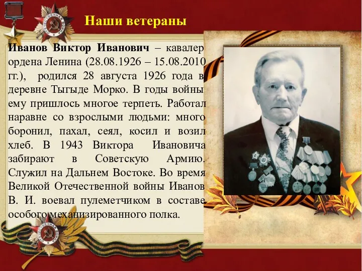 Иванов Виктор Иванович – кавалер ордена Ленина (28.08.1926 – 15.08.2010 гг.), родился 28