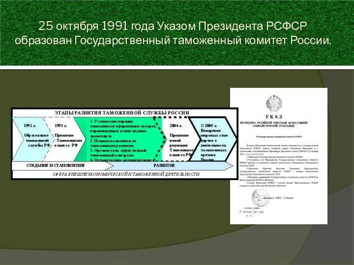 25 октября 1991 года Указом Президента РСФСР образован Государственный таможенный комитет России.