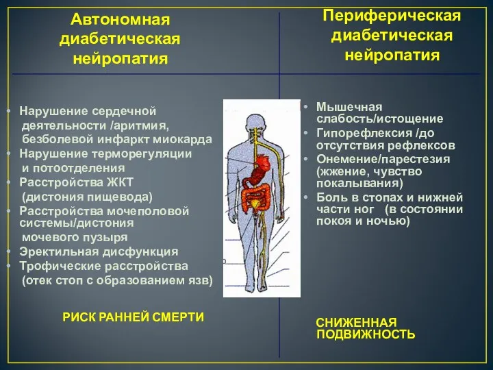 Автономная диабетическая нейропатия Нарушение сердечной деятельности /аритмия, безболевой инфаркт миокарда Нарушение терморегуляции и