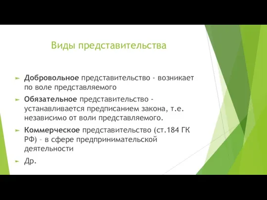 Виды представительства Добровольное представительство - возникает по воле представляемого Обязательное