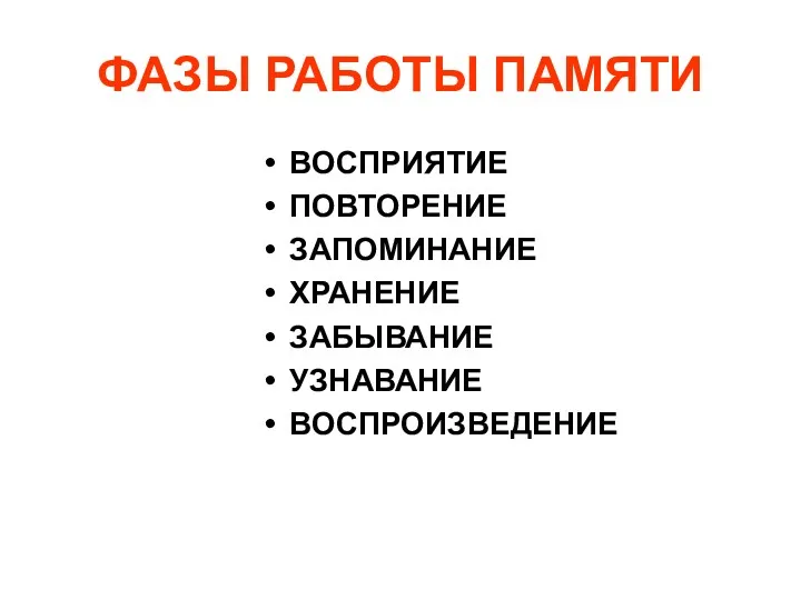 ФАЗЫ РАБОТЫ ПАМЯТИ ВОСПРИЯТИЕ ПОВТОРЕНИЕ ЗАПОМИНАНИЕ ХРАНЕНИЕ ЗАБЫВАНИЕ УЗНАВАНИЕ ВОСПРОИЗВЕДЕНИЕ