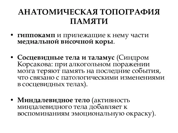 АНАТОМИЧЕСКАЯ ТОПОГРАФИЯ ПАМЯТИ гиппокамп и прилежащие к нему части медиальной