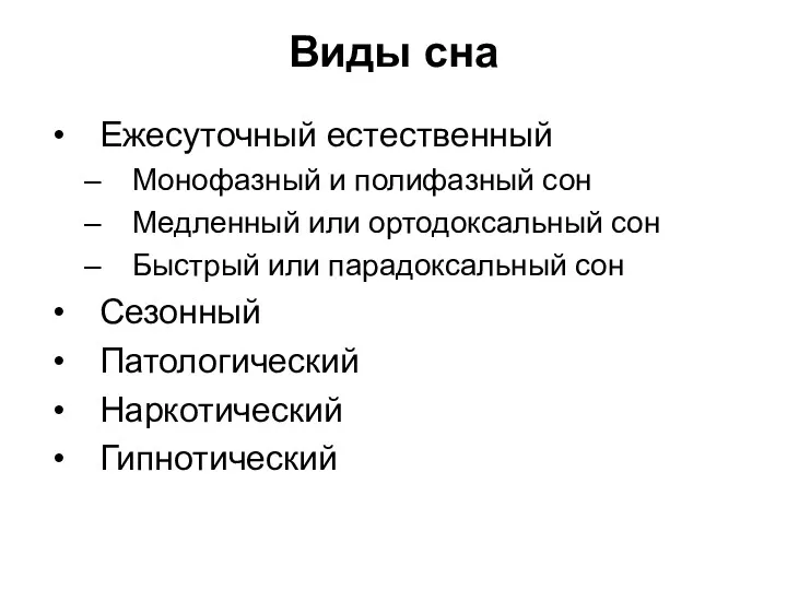 Виды сна Ежесуточный естественный Монофазный и полифазный сон Медленный или