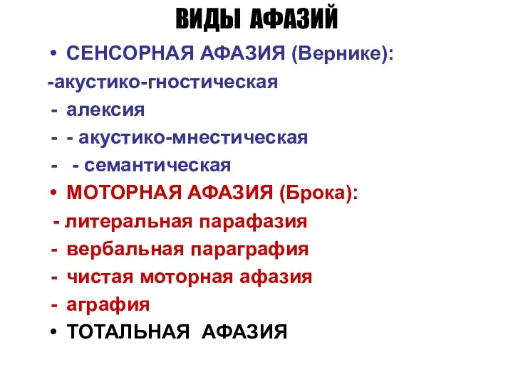 ВИДЫ АФАЗИЙ СЕНСОРНАЯ АФАЗИЯ (Вернике): -акустико-гностическая алексия - акустико-мнестическая -