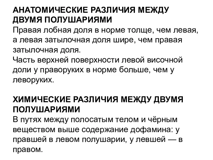 АНАТОМИЧЕСКИЕ РАЗЛИЧИЯ МЕЖДУ ДВУМЯ ПОЛУШАРИЯМИ Правая лобная доля в норме