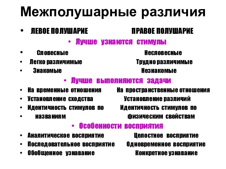 Межполушарные различия ЛЕВОЕ ПОЛУШАРИЕ ПРАВОЕ ПОЛУШАРИЕ Лучше узнаются стимулы Словесные