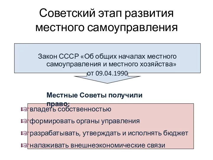 Советский этап развития местного самоуправления Закон СССР «Об общих началах