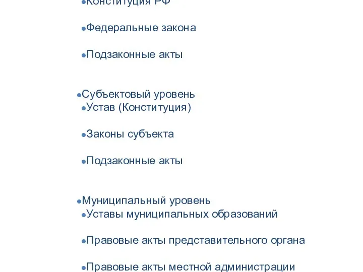 Система источников муниципального права Федеральный уровень Конституция РФ Федеральные закона