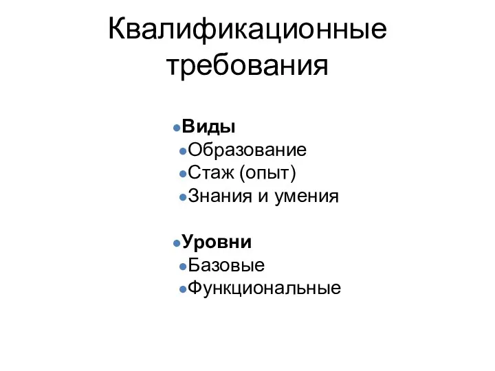 Квалификационные требования Виды Образование Стаж (опыт) Знания и умения Уровни Базовые Функциональные