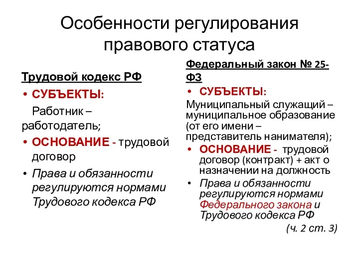 Особенности регулирования правового статуса Трудовой кодекс РФ СУБЪЕКТЫ: Работник –