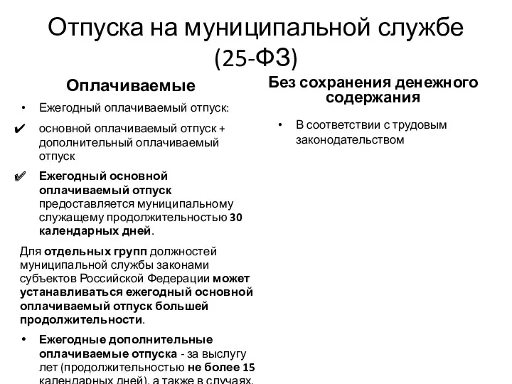 Отпуска на муниципальной службе (25-ФЗ) Оплачиваемые Ежегодный оплачиваемый отпуск: основной