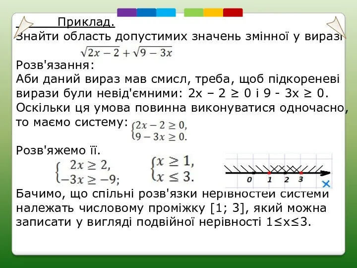 Приклад. Знайти область допустимих значень змінної у виразі Розв'язання: Аби даний вираз мав