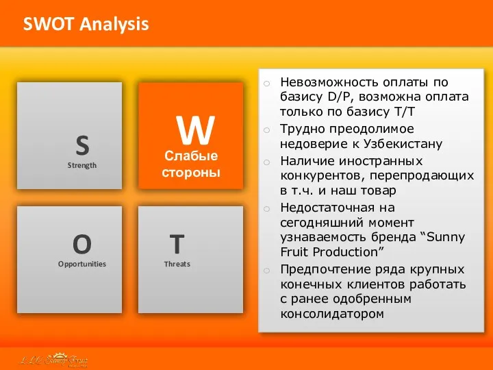 SWOT Analysis Невозможность оплаты по базису D/P, возможна оплата только