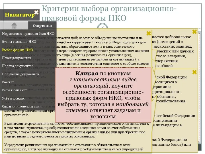 Критерии выбора организационно-правовой формы НКО Навигатор Далее… Назад Корпоративные организации