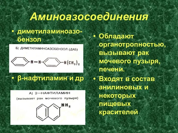 Аминоазосоединения диметиламиноазо-бензол β-нафтиламин и др Обладают органотропностью, вызывают рак мочевого пузыря, печени. Входят