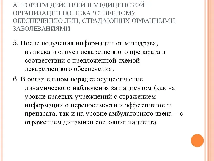 АЛГОРИТМ ДЕЙСТВИЙ В МЕДИЦИНСКОЙ ОРГАНИЗАЦИИ ПО ЛЕКАРСТВЕННОМУ ОБЕСПЕЧЕНИЮ ЛИЦ, СТРАДАЮЩИХ