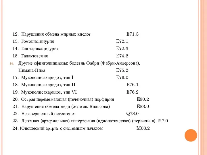 12. Нарушения обмена жирных кислот E71.3 13. Гомоцистинурия E72.1 14. Глютарикацидурия E72.3 15.