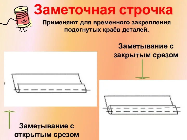 Заметочная строчка Применяют для временного закрепления подогнутых краёв деталей. Заметывание