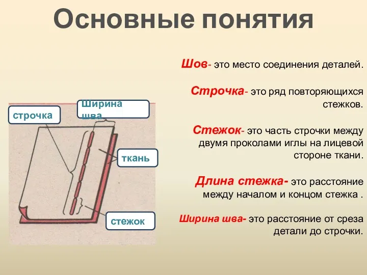 Основные понятия Шов- это место соединения деталей. Строчка- это ряд