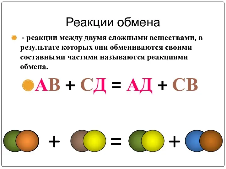 Реакции обмена - реакции между двумя сложными веществами, в результате