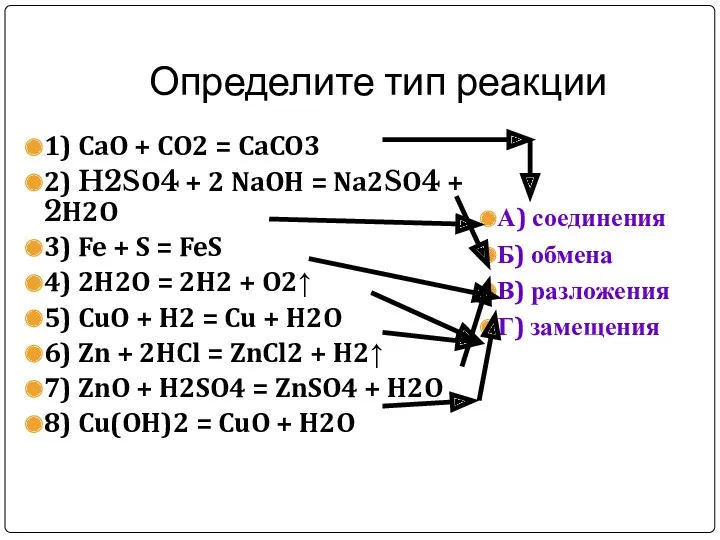 Определите тип реакции 1) CaO + CO2 = CaCO3 2)