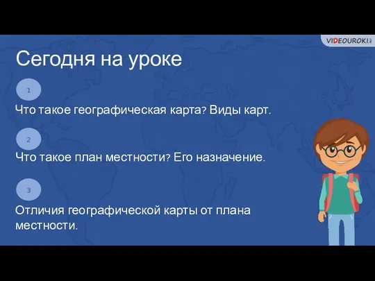 Сегодня на уроке Что такое географическая карта? Виды карт. 1