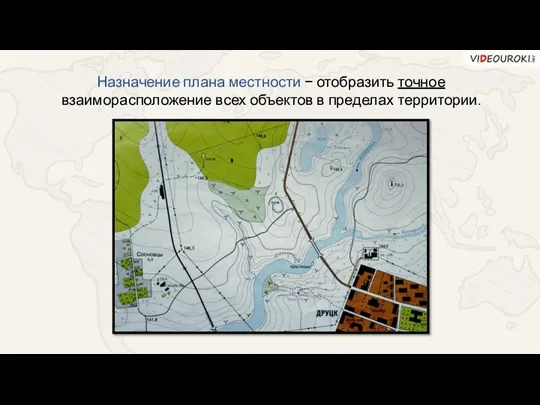 Назначение плана местности − отобразить точное взаиморасположение всех объектов в пределах территории.