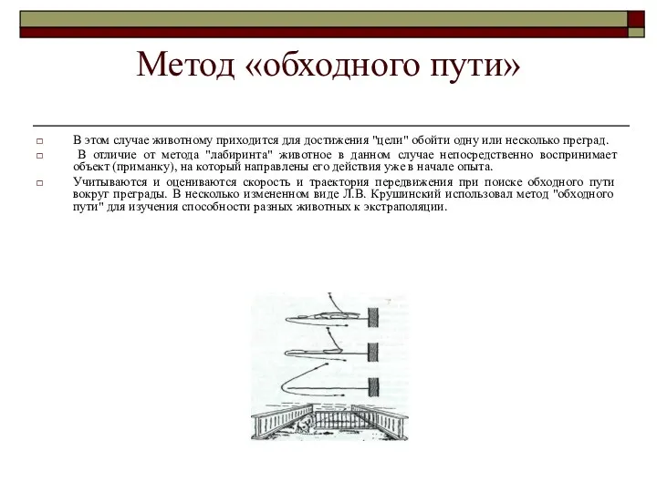 Метод «обходного пути» В этом случае животному приходится для достижения