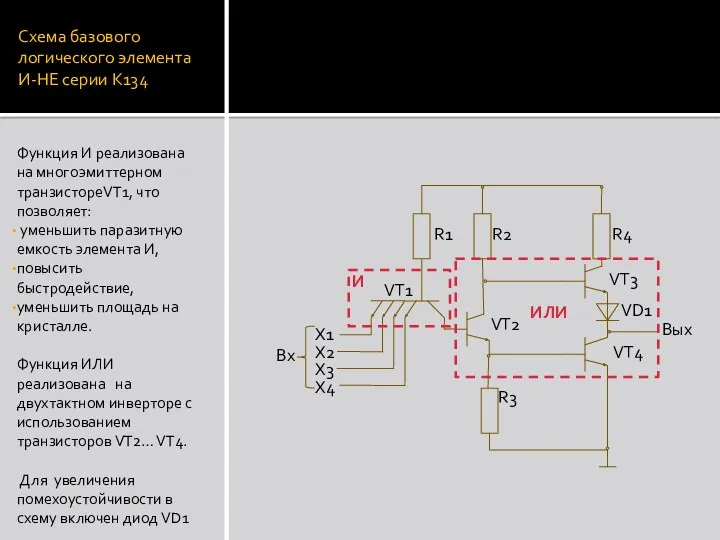 Схема базового логического элемента И-НЕ серии К134 Функция И реализована