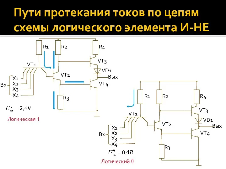 Пути протекания токов по цепям схемы логического элемента И-НЕ R1