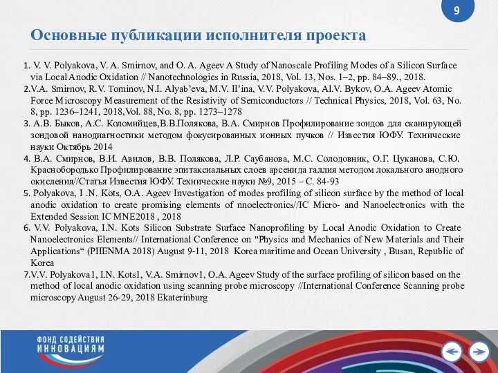 Основные публикации исполнителя проекта V. V. Polyakova, V. A. Smirnov, and O. A.