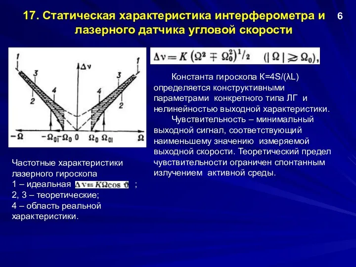 17. Статическая характеристика интерферометра и лазерного датчика угловой скорости 6 Константа гироскопа К=4S/(λL)