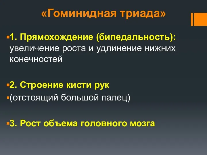 «Гоминидная триада» 1. Прямохождение (бипедальность): увеличение роста и удлинение нижних