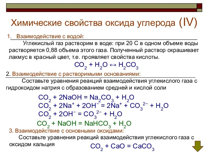 Химические свойства оксида углерода (IV) Взаимодействие с водой: Углекислый газ