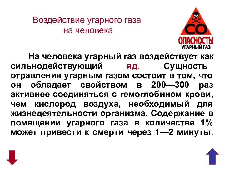 На человека угарный газ воздействует как сильнодействующий яд. Сущность отравления