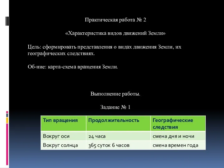 Практическая работа № 2 «Характеристика видов движений Земли» Цель: сформировать