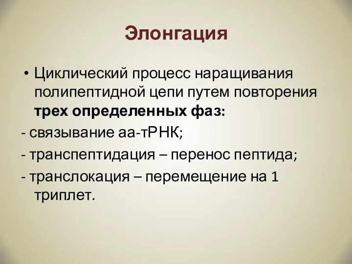 Элонгация Циклический процесс наращивания полипептидной цепи путем повторения трех определенных