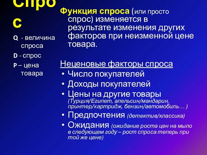 Спрос Функция спроса (или просто спрос) изменяется в результате изменения