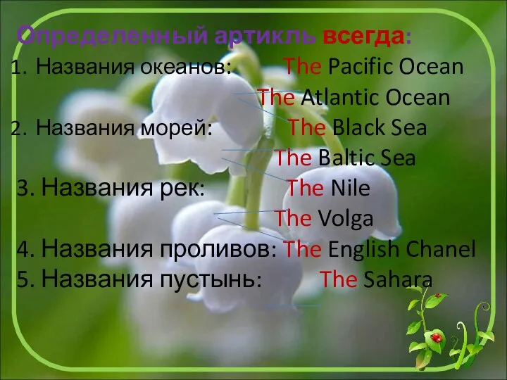 Определенный артикль всегда: Названия океанов: The Pacific Ocean The Atlantic