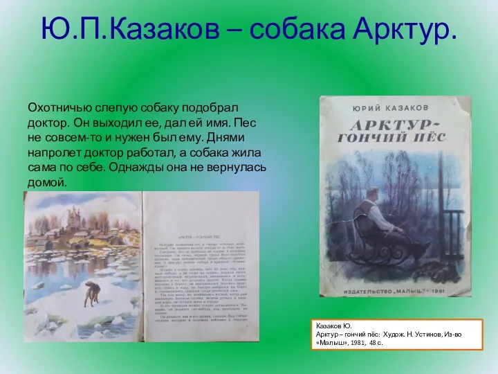 Ю.П.Казаков – собака Арктур. Охотничью слепую собаку подобрал доктор. Он