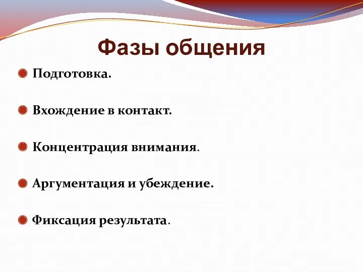 Фазы общения Подготовка. Вхождение в контакт. Концентрация внимания. Аргументация и убеждение. Фиксация результата.