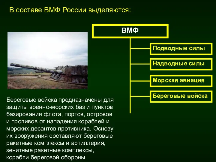 Надводные силы Морская авиация Береговые войска Береговые войска предназначены для